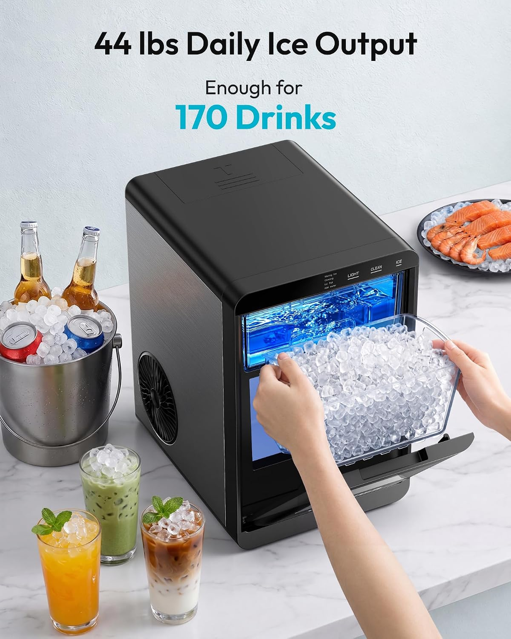 Black Countertop Pebble Ice Maker – Makes 40lbs Chewable Nugget Ice Daily, Ready in 7–10 Mins, Self-Cleaning