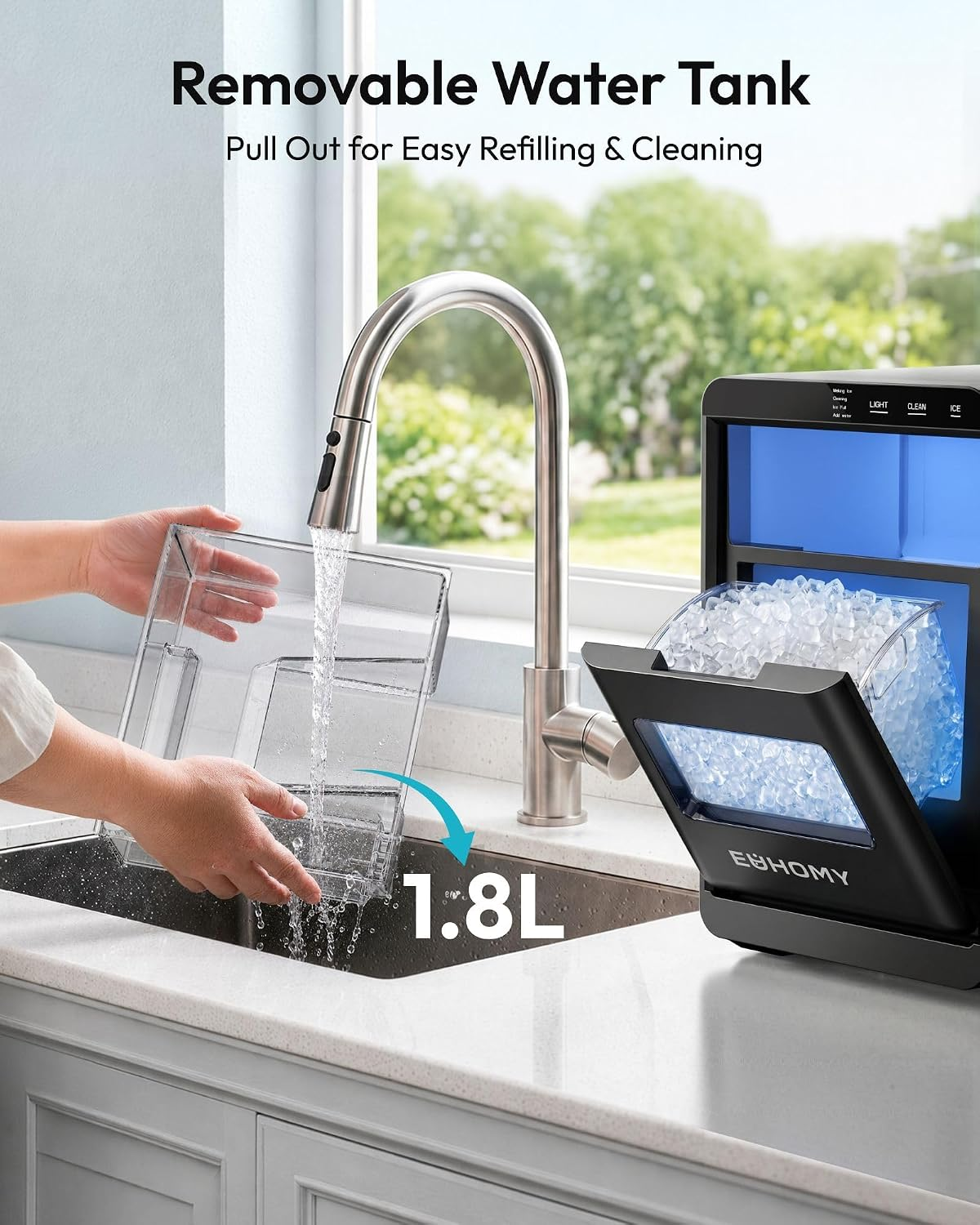 Black Countertop Pebble Ice Maker – Makes 40lbs Chewable Nugget Ice Daily, Ready in 7–10 Mins, Self-Cleaning