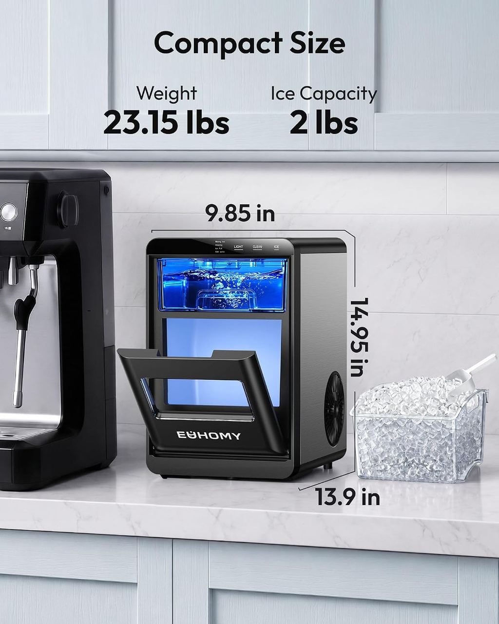 Black Countertop Pebble Ice Maker – Makes 40lbs Chewable Nugget Ice Daily, Ready in 7–10 Mins, Self-Cleaning