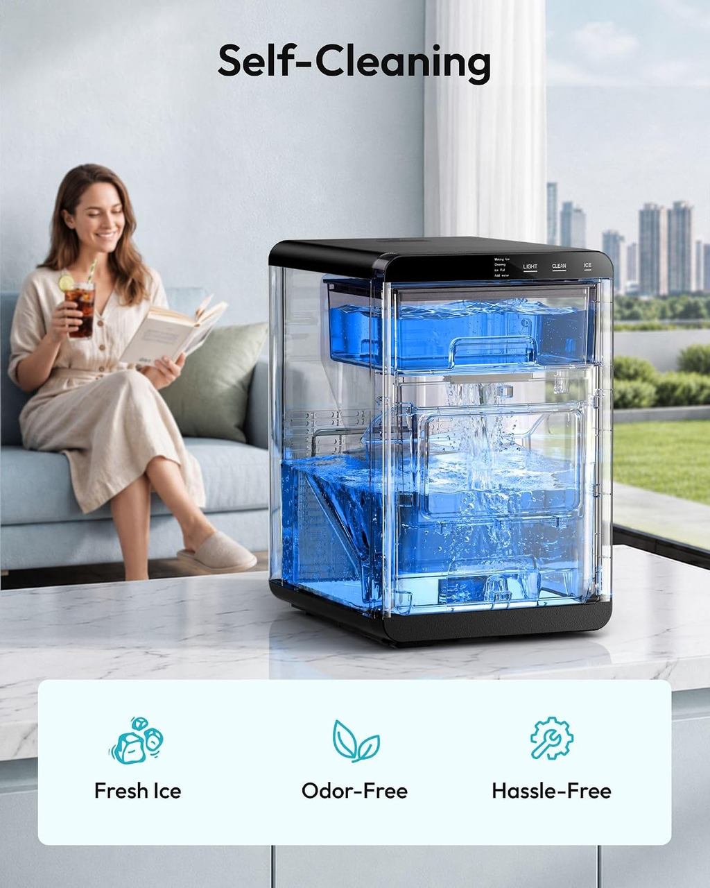 Black Countertop Pebble Ice Maker – Makes 40lbs Chewable Nugget Ice Daily, Ready in 7–10 Mins, Self-Cleaning