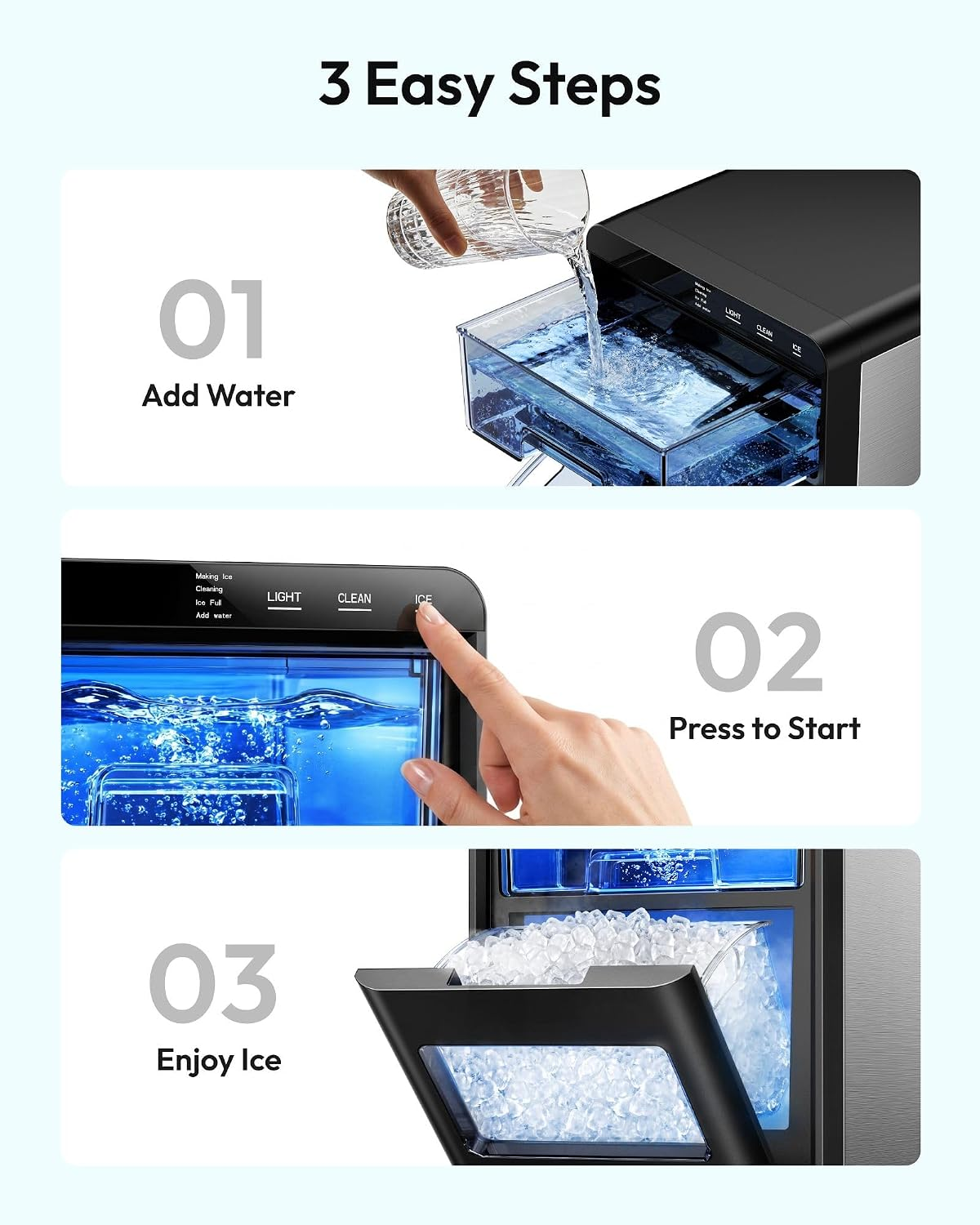 Black Countertop Pebble Ice Maker – Makes 40lbs Chewable Nugget Ice Daily, Ready in 7–10 Mins, Self-Cleaning